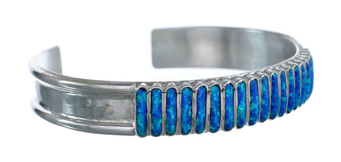 Blue Opal Inlay Sterling Silver Zuni Indian Cuff Bracelet AX123910